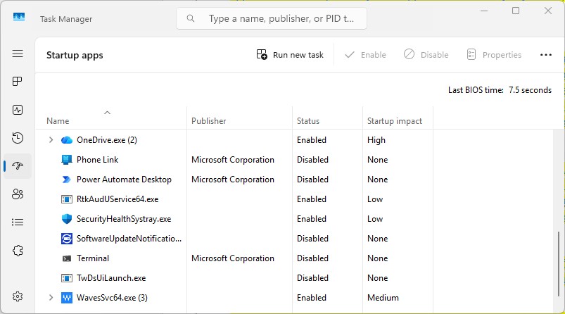 screenshot of task manager startup apps screen with list of apps that run at startup
