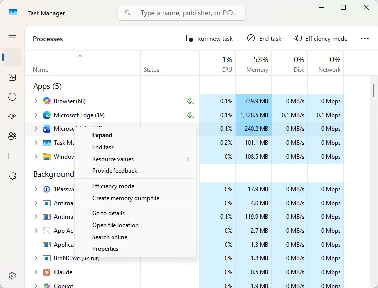 screenshot of task manager processes screen with list of processes and cpu and memory usage