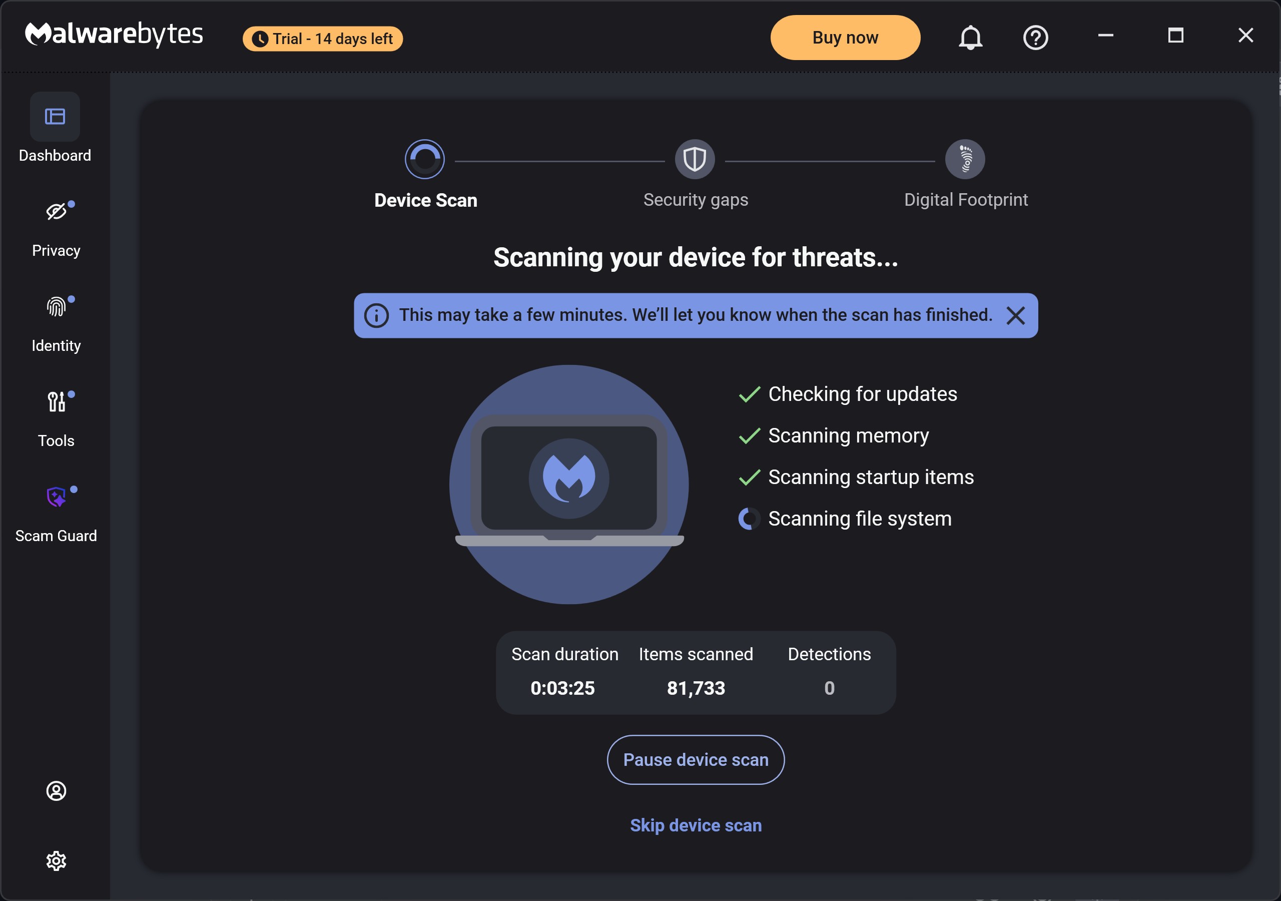 screenshot of malwarebytes software scanning for threats
