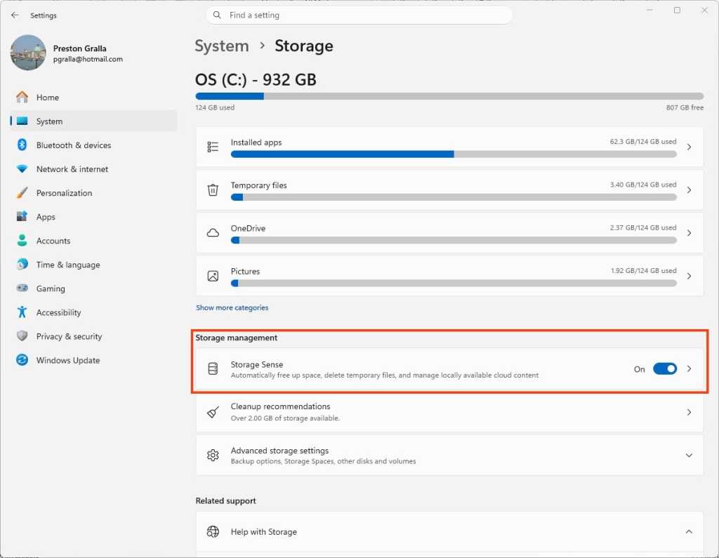 screenshot of windows settings /> system > storage screen with storage sense toggle highlighted