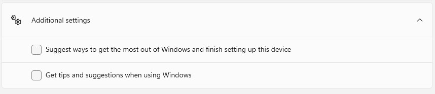 captura de pantalla de notificaciones de Windows configuraciones adicionales con casilla de verificación de sugerencias de Windows