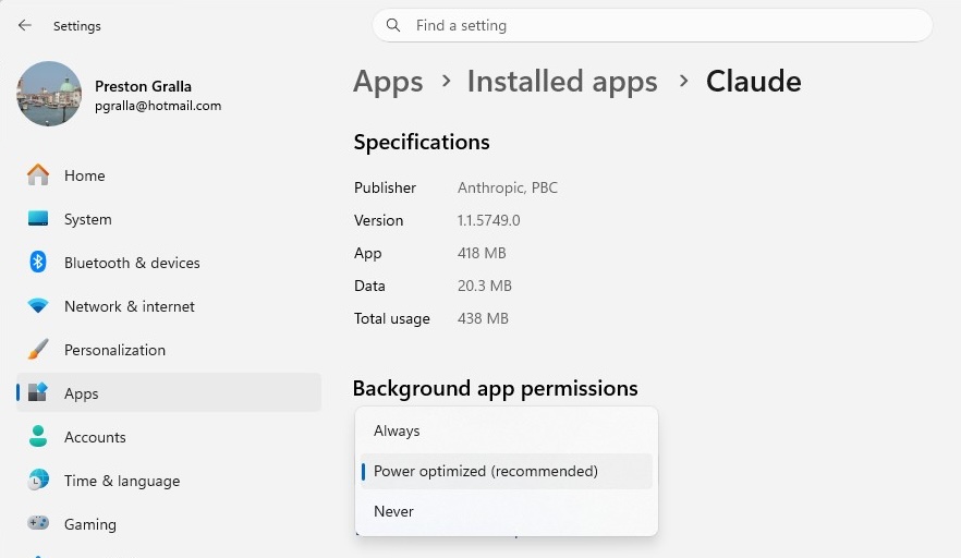 captura de pantalla de configuración> aplicaciones> aplicaciones instaladas> Claude con el menú desplegable de permisos de aplicaciones en segundo plano» class=»wp-image-4177284″ width=»882″ height=»512″ sizes=»auto, (max-width: 882px) 100vw, 882px»/><figcaption class=