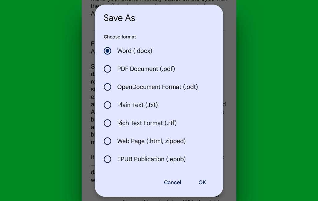 Google Docs Android: Save as Word