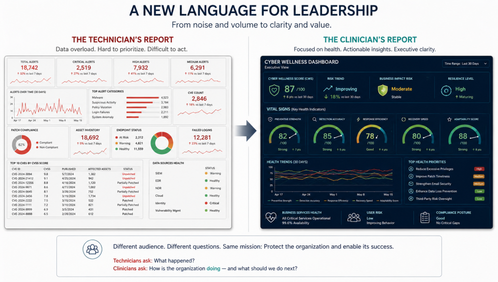 Two different dashboards showing the difference between a technician-centric report and a clinician-centric report.