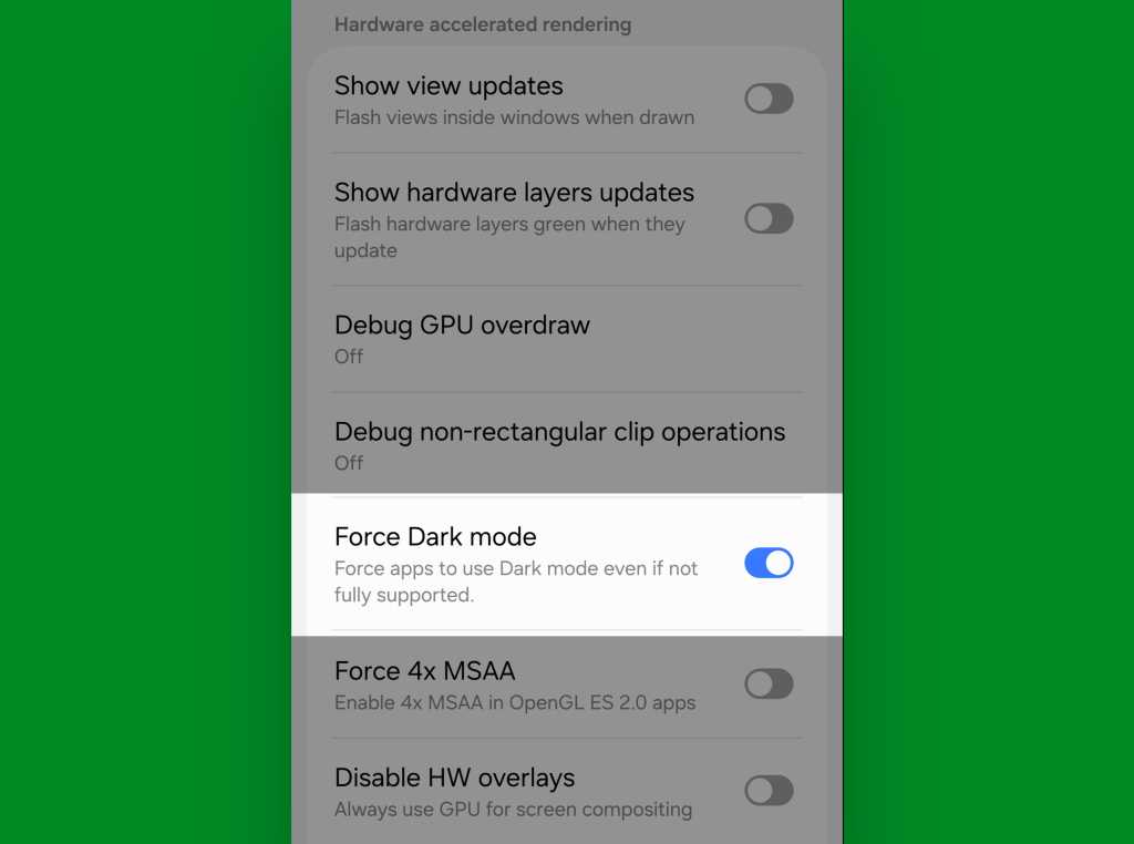 Android 17 dark mode expanded - developer settings