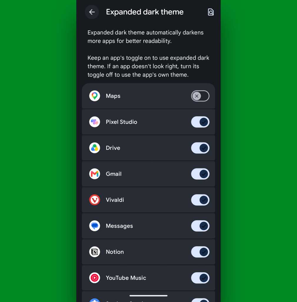Android 17 dark theme expanded exceptions