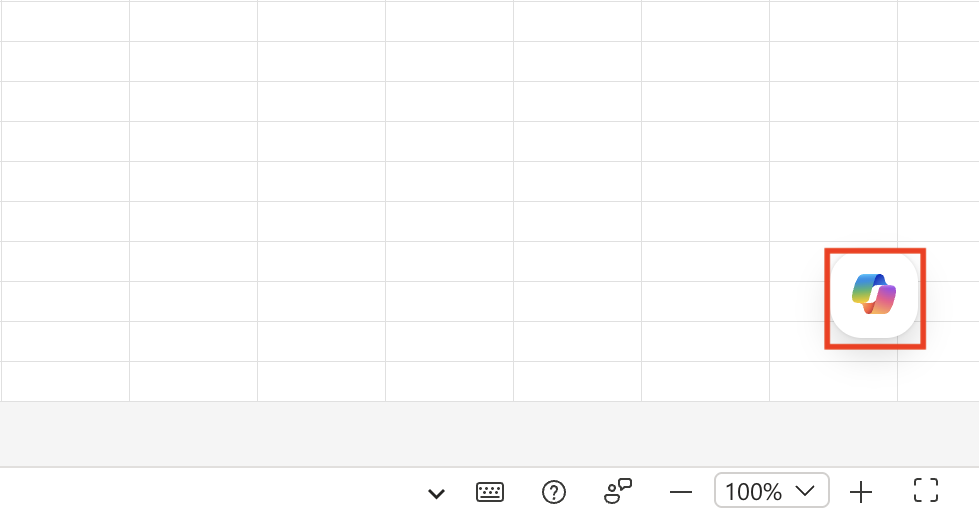 captura de pantalla de una hoja de cálculo de Excel con el icono del copiloto flotando en la parte inferior derecha
