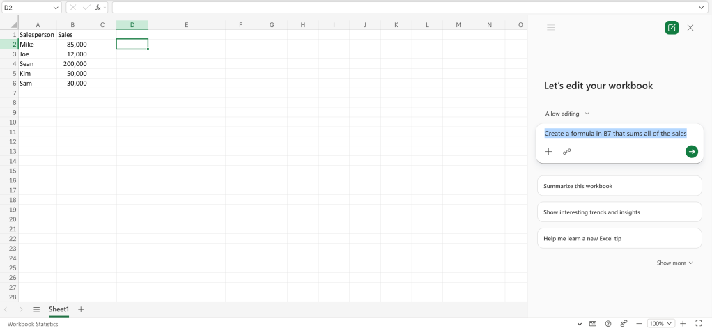 screenshot of excel spreadsheet with sum prompt in copilot sidebar on right