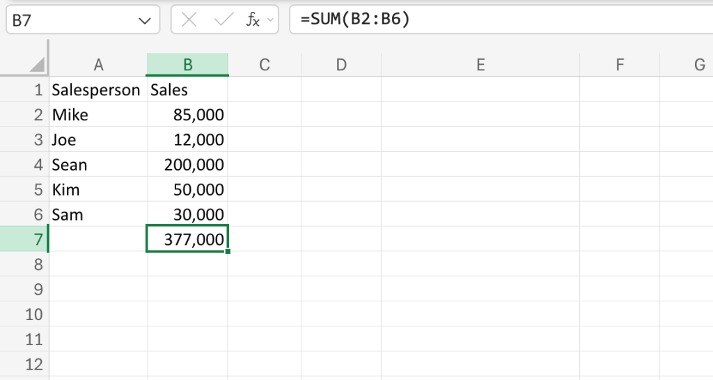 screenshot of excel spreadsheet with sum result at bottom of data column