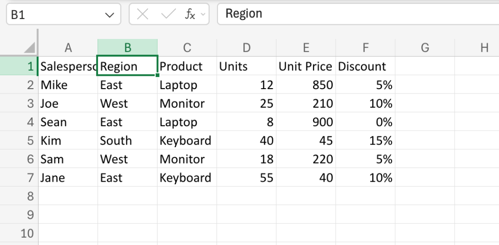 screenshot of excel spreadsheet with 6 rows and 6 columns with disparate value types