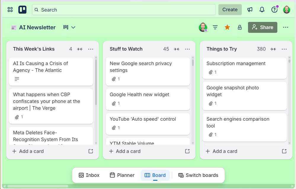 screenshot of busy default trello interface
