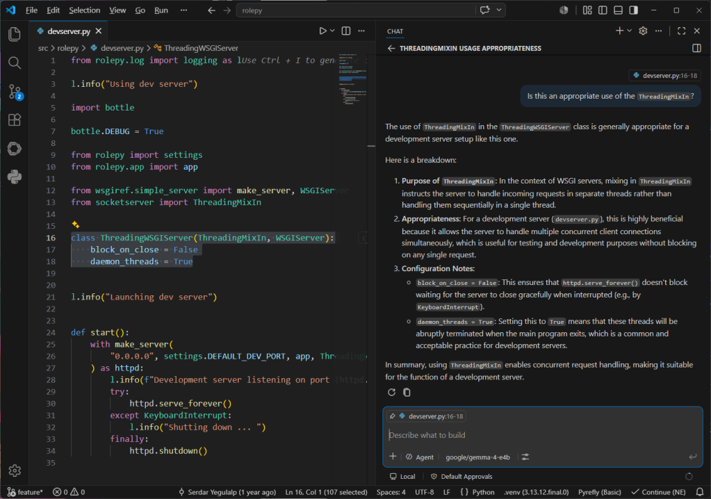 Conversing with the local model using VS Code's chat window