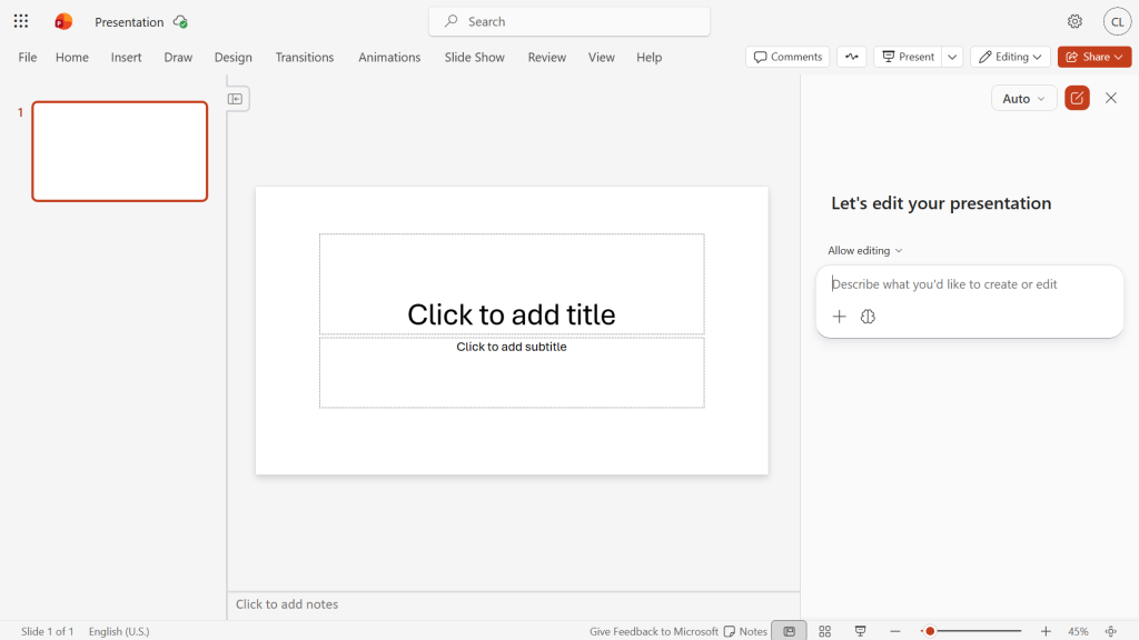 powerpoint screen with copilot sidebar open on right