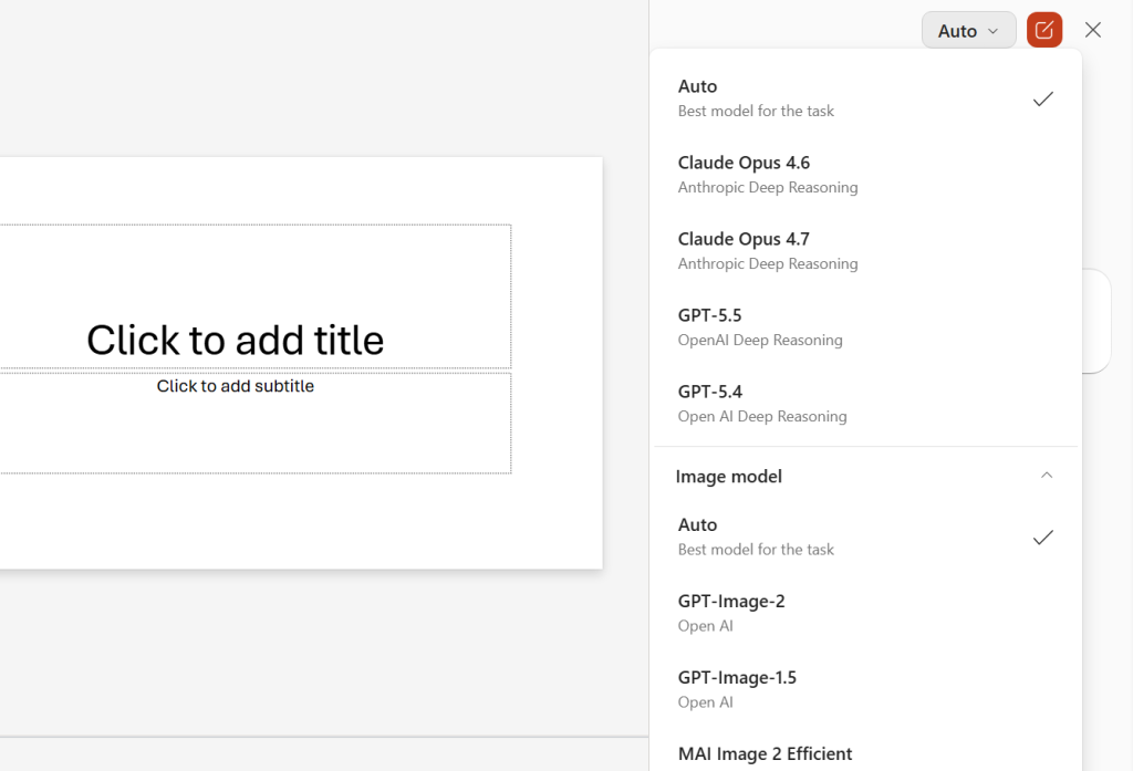 screenshot of copilot sidebar in powerpoint with models dropdown menu open