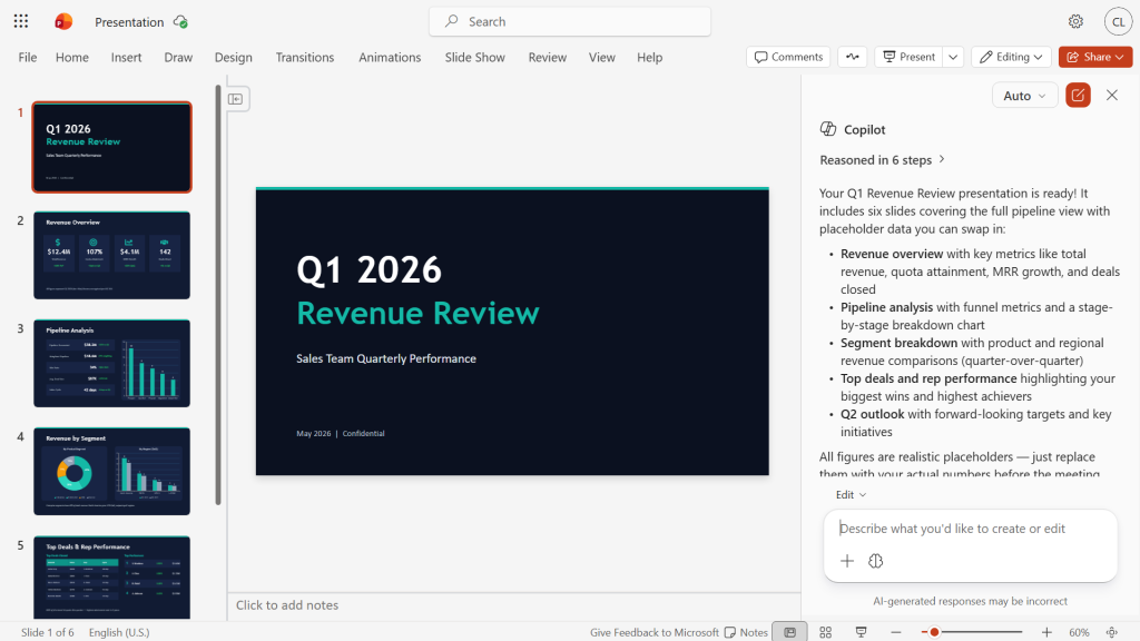 screenshot of powerpoint presentation generated by copilot with placeholder data