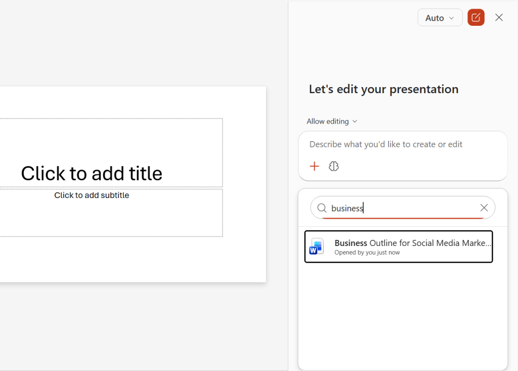 screenshot of copilot sidebar in powerpoint with a document being attached for copilot to base a presentation on