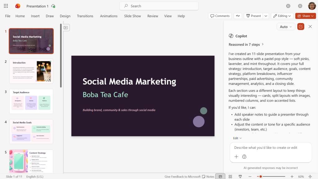screenshot of powerpoint with a presentation generated by copilot from a document