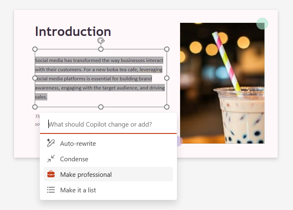 screenshot of text on a powerpoint slide with copilot dropdown menu includng condense and make professional options