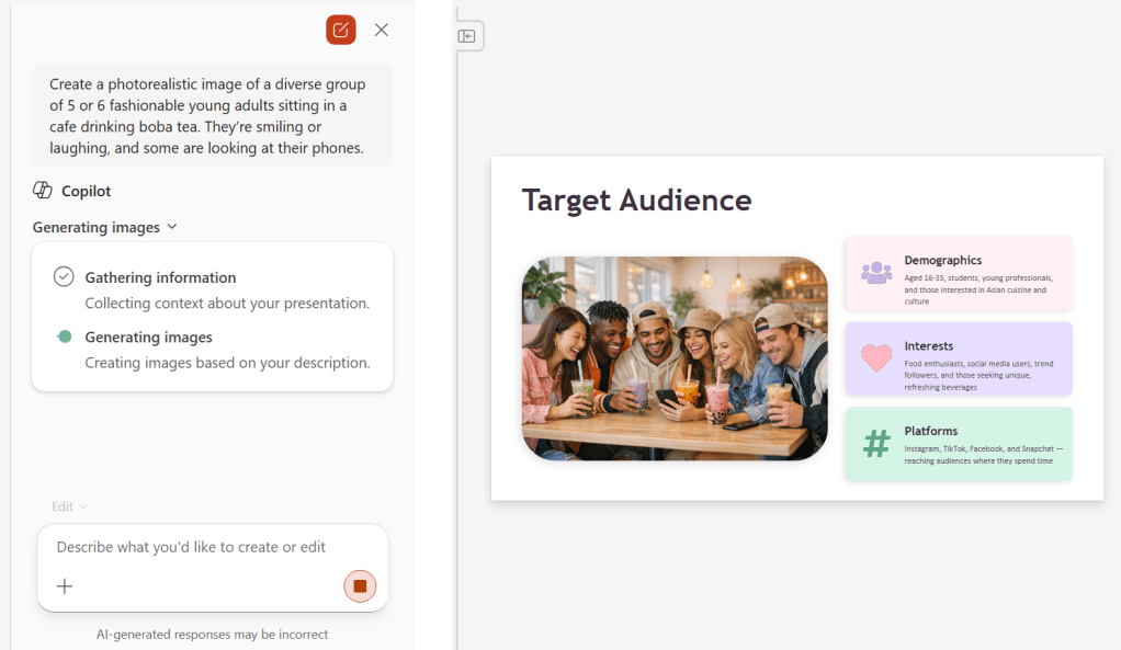 screenshot of image generation prompt in copilot sidebar in powerpoint plus the resulting generated image on a slide