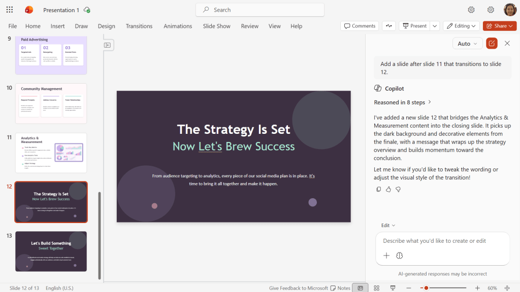 screenshot of powerpoint screen with copilot sidebar and a transition slide generated by copilot