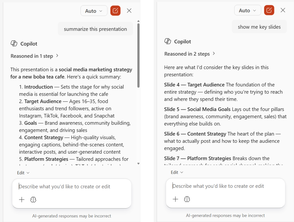 screenshots of copilot sidebar in powerpoint - one with summarize results and one with key slides response