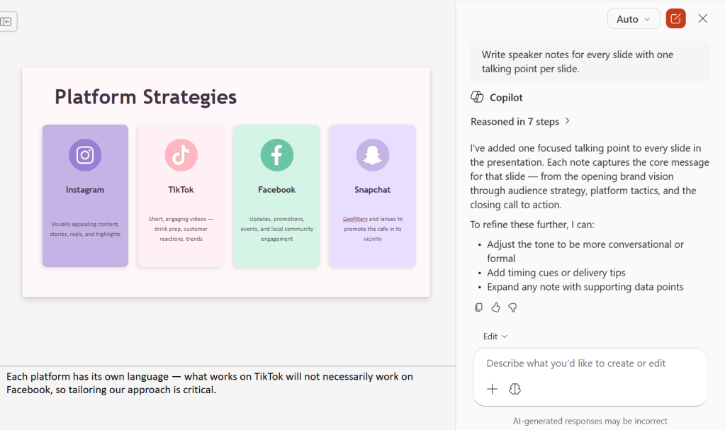 screenshot of powerpoint presentation with speaker notes generated by copilot