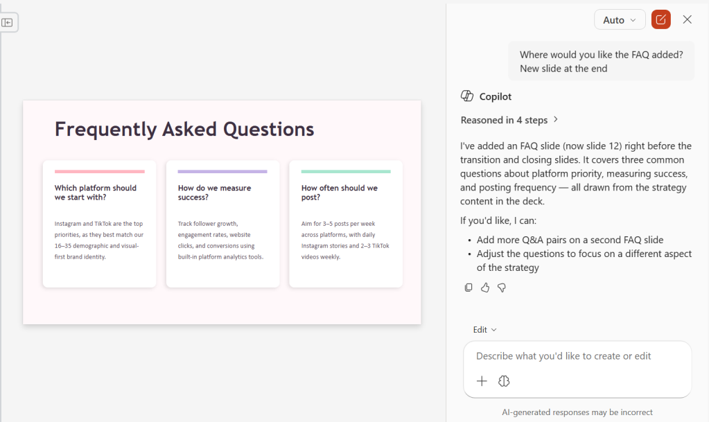 screenshot of frequently asked questions slide generated by copilot in powerpoint