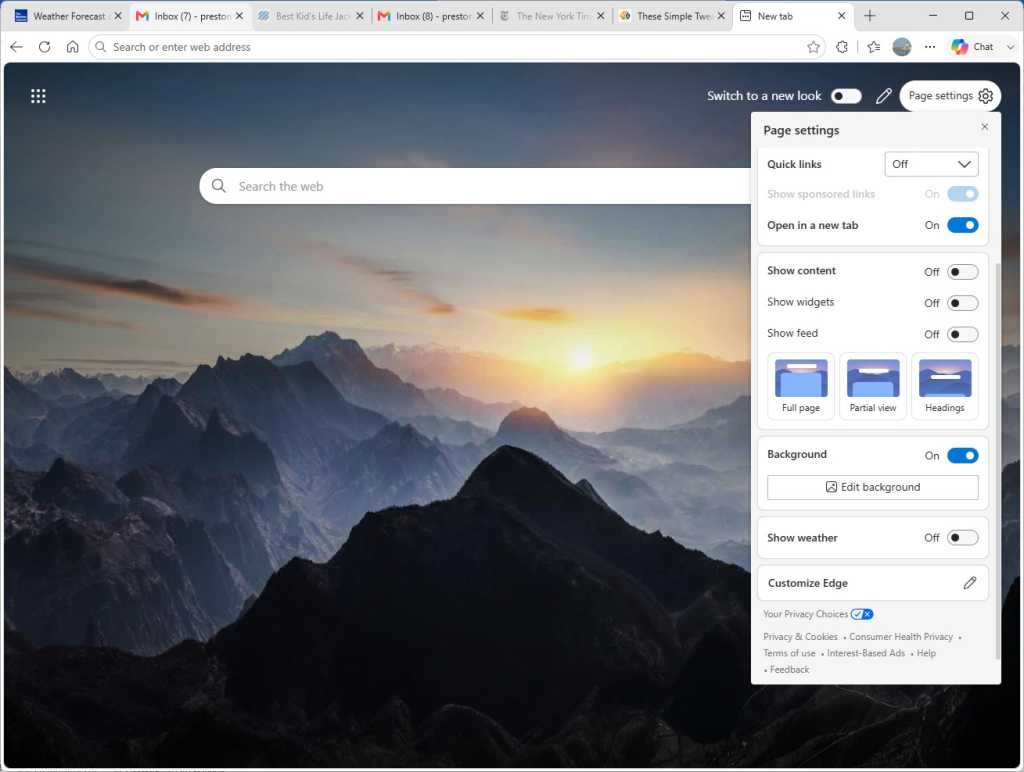 screenshot of stripped-down new tab page in edge with page settings pane