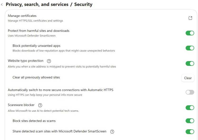 screenshot of privacy and security settings in edge browser with scareware blocker enabled