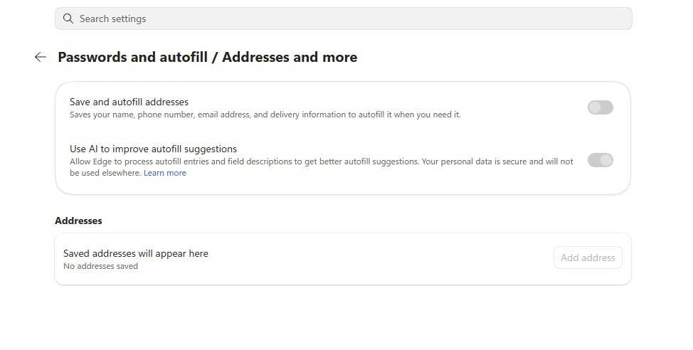 screenshot of autofill settings in edge browser