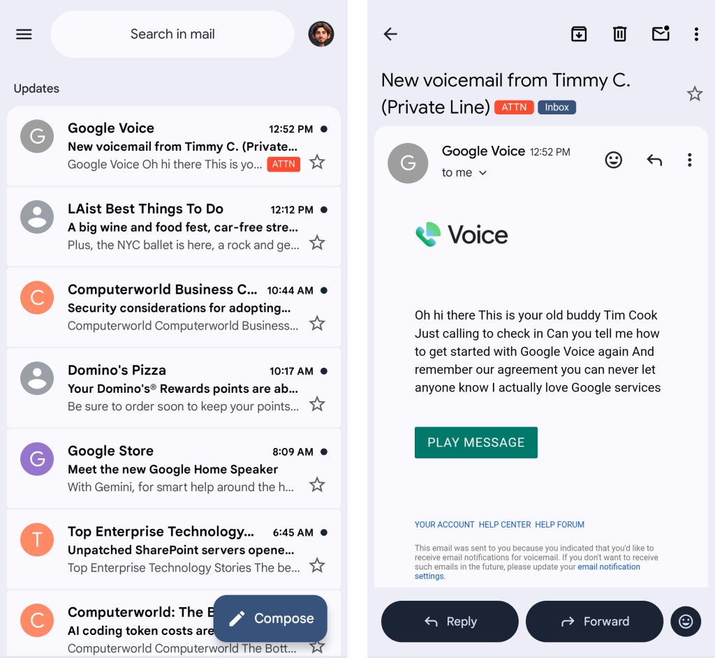 screenshot of gmail android app - attn label appears on message in emails list at left and full message at right