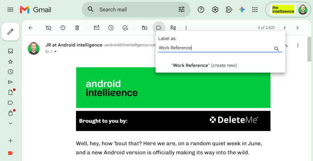screenshot of creating a work reference label for a message in gmail web app 