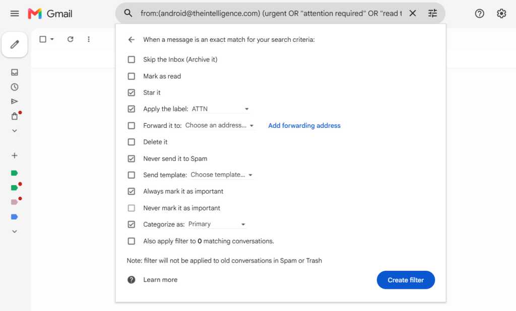 screenshot of list of actions you can choose when creating a gmail filter