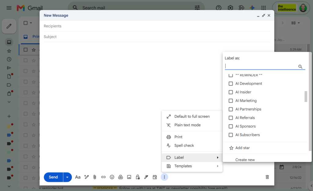 screenshot of gmail compose window with pop-up labels menu