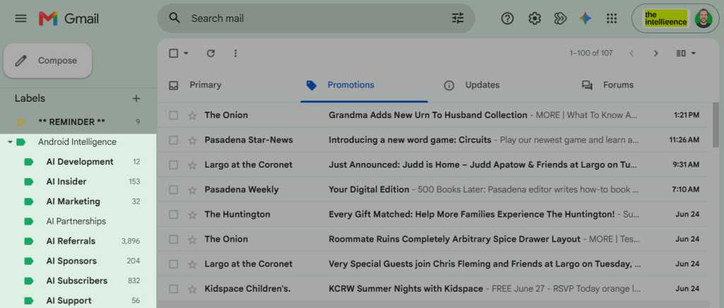 screenshot of gmail inbox with sublabels in left navigation