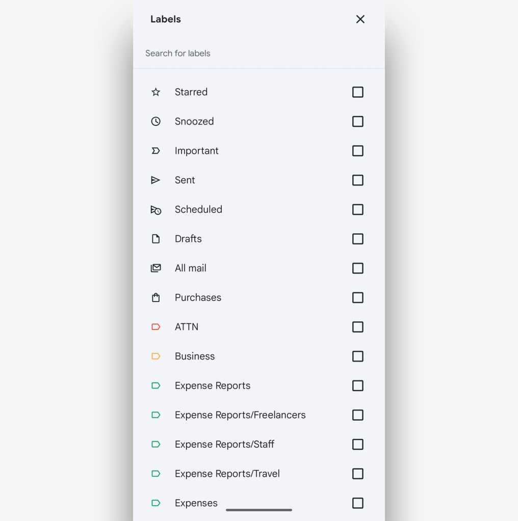 screenshot of labels list in gmail android app