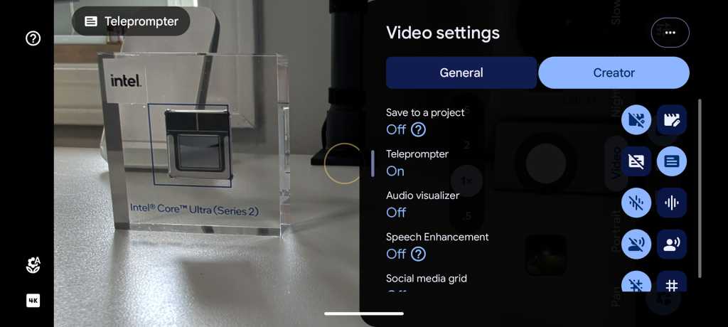 Pixel 11 Pro XL Creator Suite video settings.