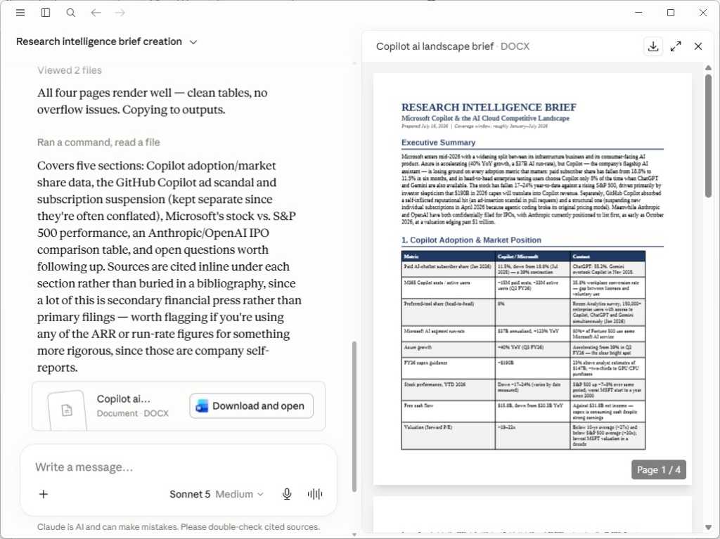 screenshot of research brief generated in claude being exported to a word doc