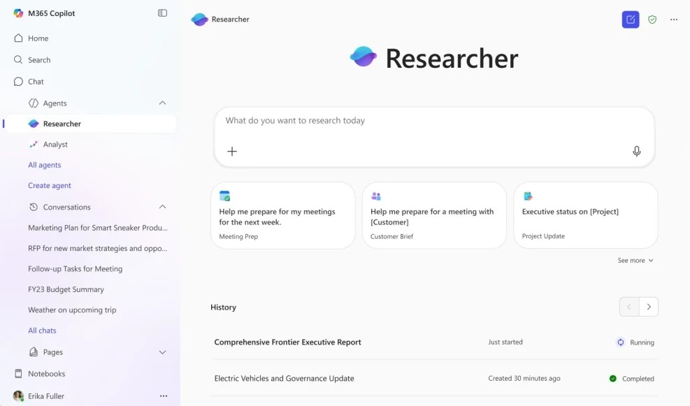 screenshot of researcher agent in m365 copilot app