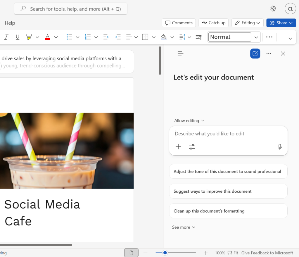 screenshot of the copilot sidebar in a word document