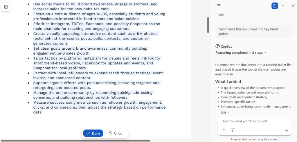 screenshot of specific summary instructions for copilot with results in left pane