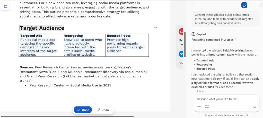 screenshot of word doc showing table created by copilot