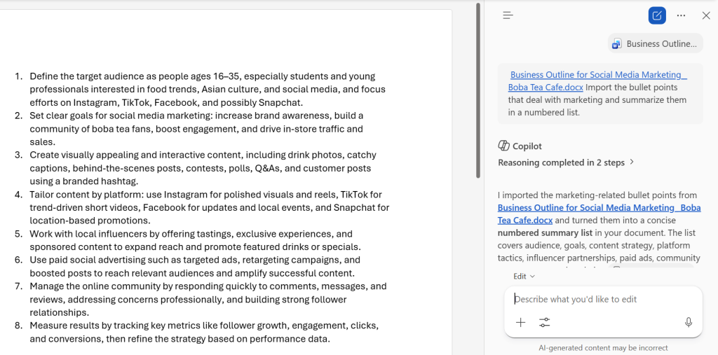 screenshot of word doc with summary list copilot pulled from another document