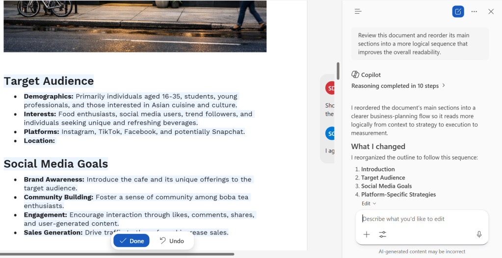 screenshot of word doc with sections reordered by copilot with explanation of changes