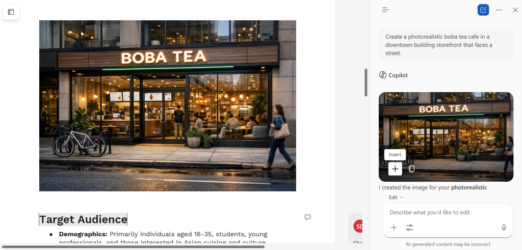 screenshot of word doc with image of boba tea cafe generated by copilot