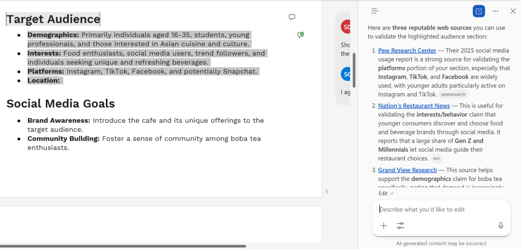 screenshot of word doc with suggested references for highlighted text in copilot sidebar to right