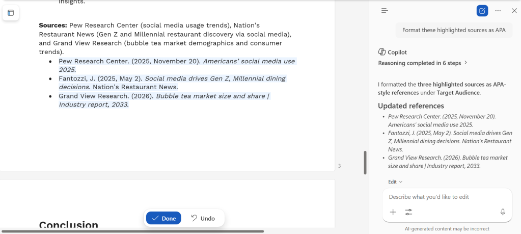 screenshot of word doc with sources list created by copilot in apa style