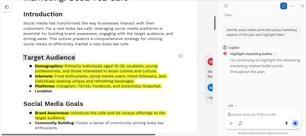 screenshot of word doc with text highlighted yellow by copilot