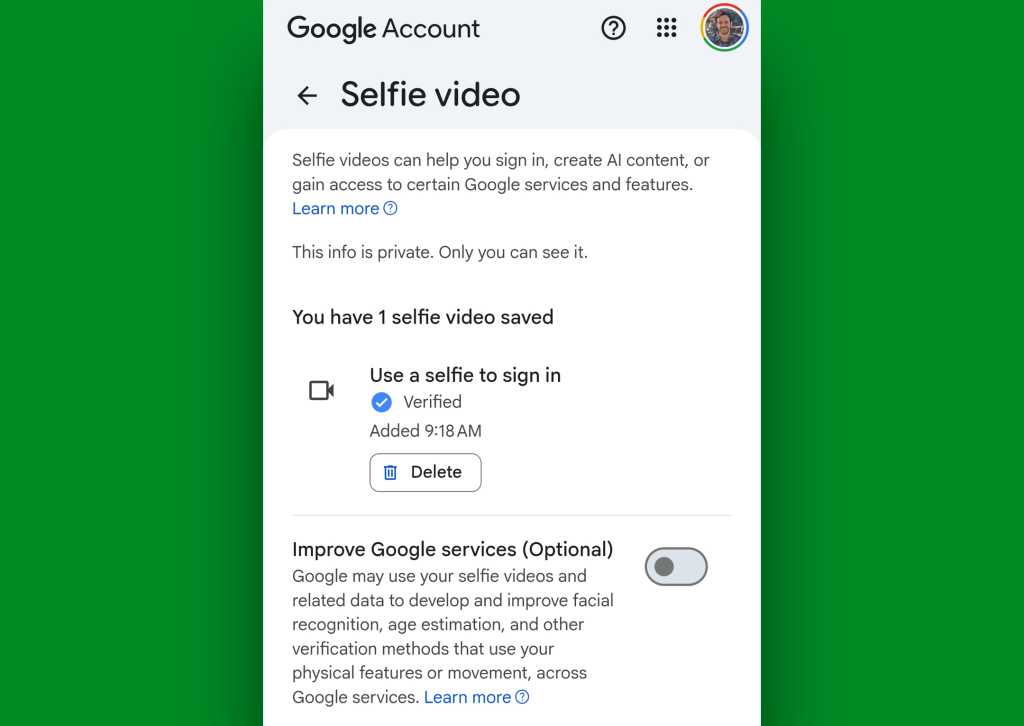 Google selfie security: privacy option