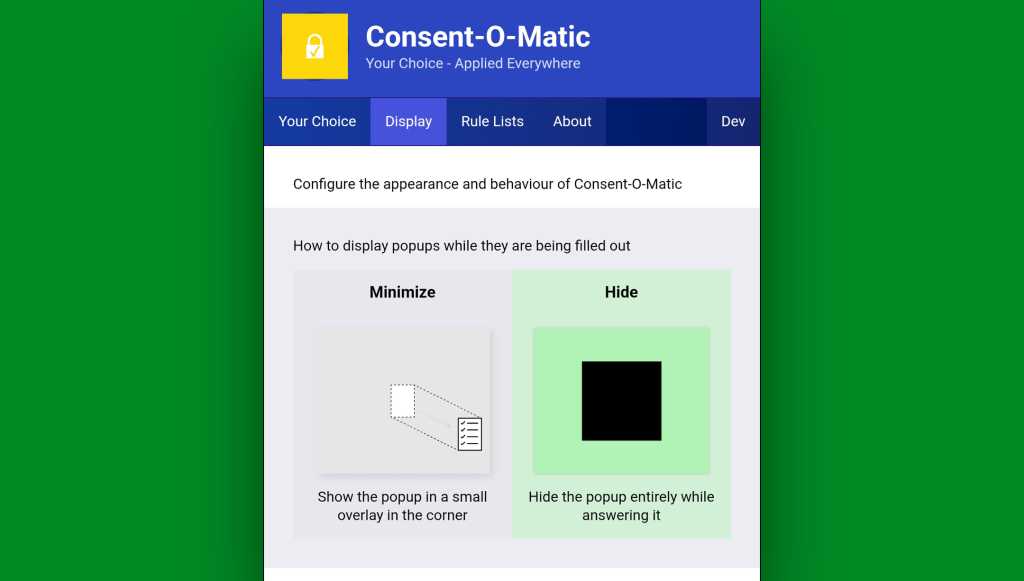 Chrome Android extensions: Consent-o-Matic options